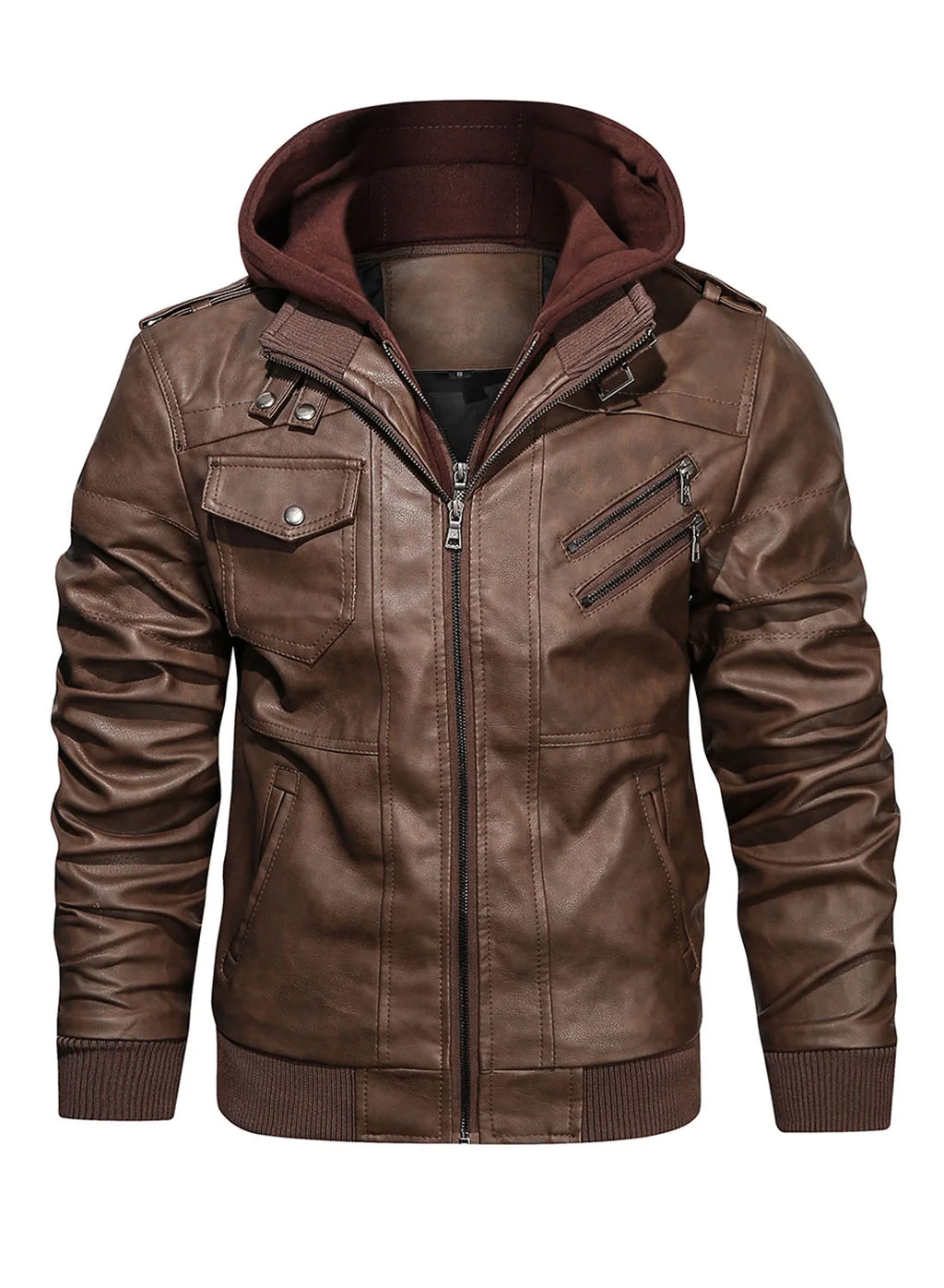 Chaqueta De Cuero Sintético Pu Para Hombre Con Capucha Desmontable Marrón 2XL