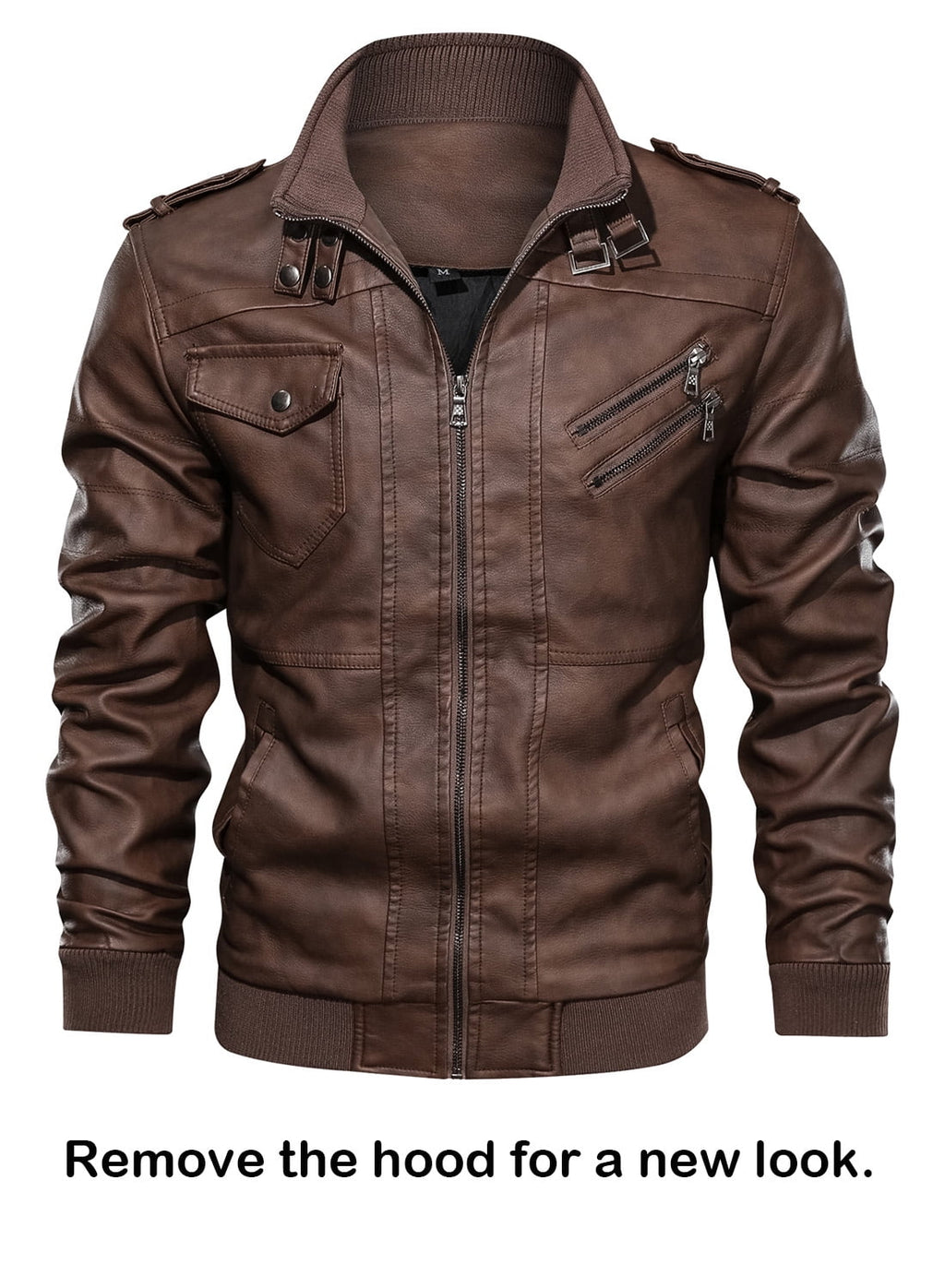 Chaqueta De Cuero Sintético Pu Para Hombre Con Capucha Desmontable Marrón 2XL