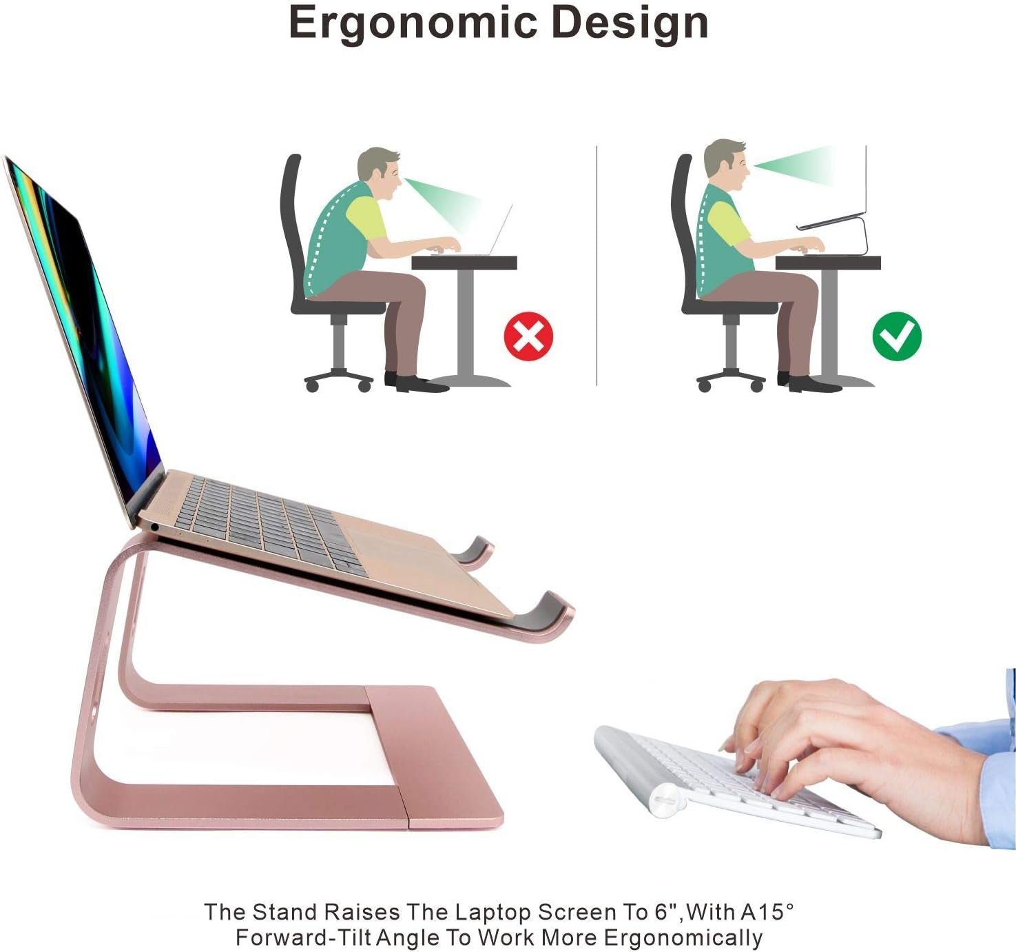 Ergonomic Aluminum Laptop Mount | Computer Stand & Holder - Compatible with Macbook, HP, Lenovo, Samsung, Huawei & More (10-17.3" Laptops) - Rose Gold