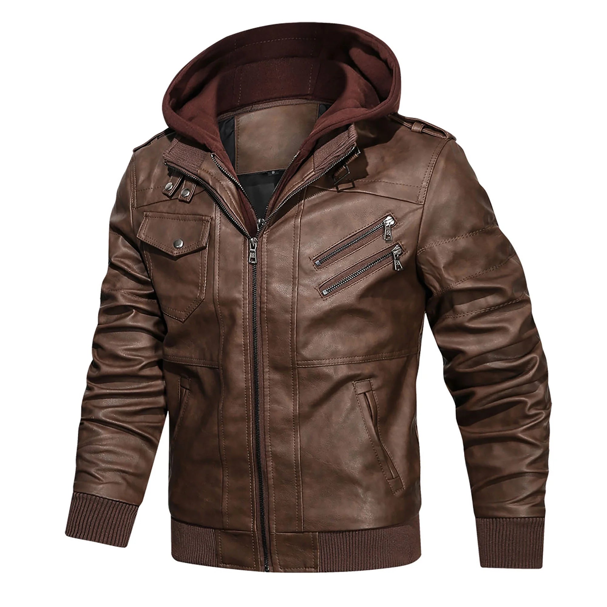Chaqueta De Cuero Sintético Pu Para Hombre Con Capucha Desmontable Marrón 2XL