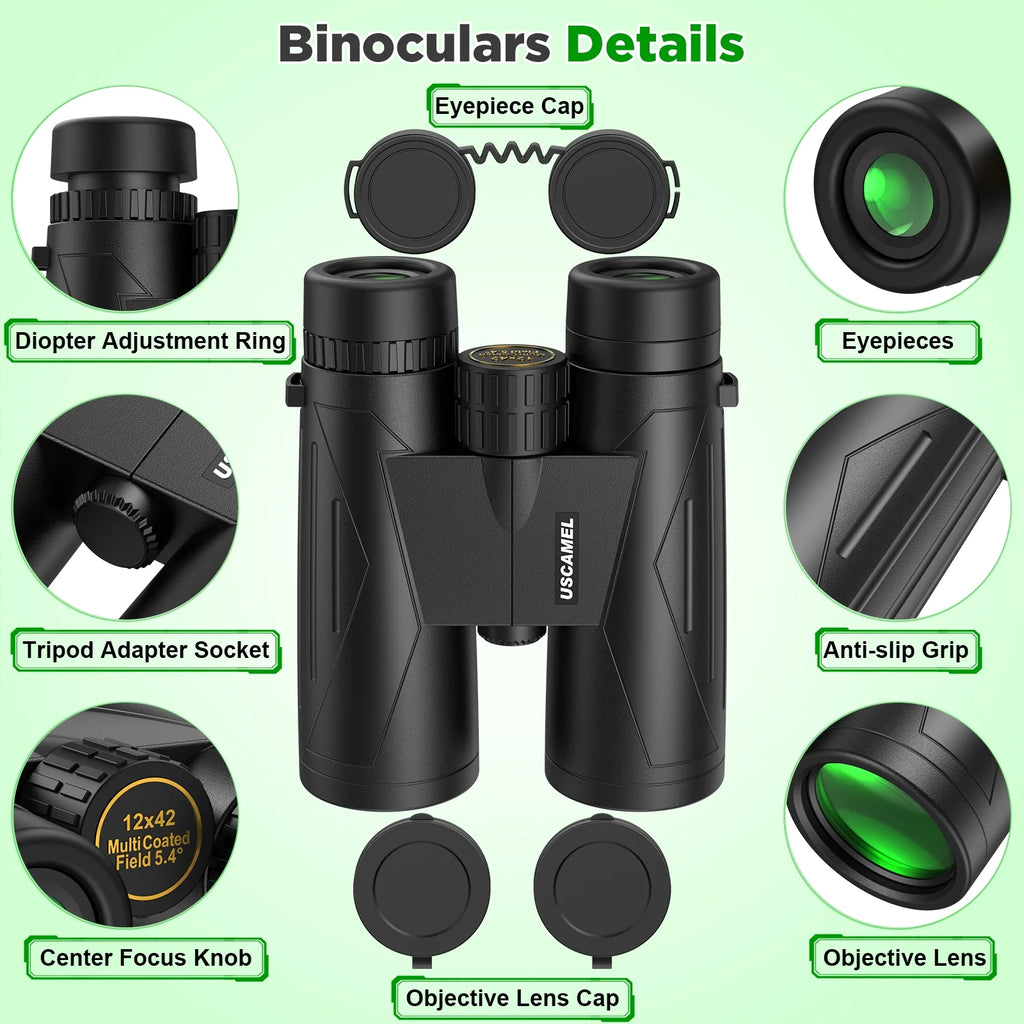 12X42 Binoculars for Adults Kids, HD Binoculars Waterproof BAK4 Binoculars with Low-Light Vision for Bird Watching Travel Hunting Outdoor Sports Concerts